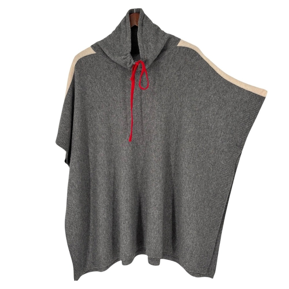 Tahari Gray Cashmere Wool Knit Red White Stripe Mock Neck‎ Cape Poncho Topper